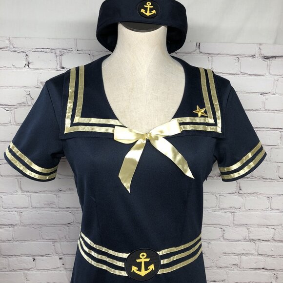 2 Pc Sailor 50’s Rockabilly Pin Up Style W/Hat Navy Blue with Gold Trim Dress L - Picture 1 of 16